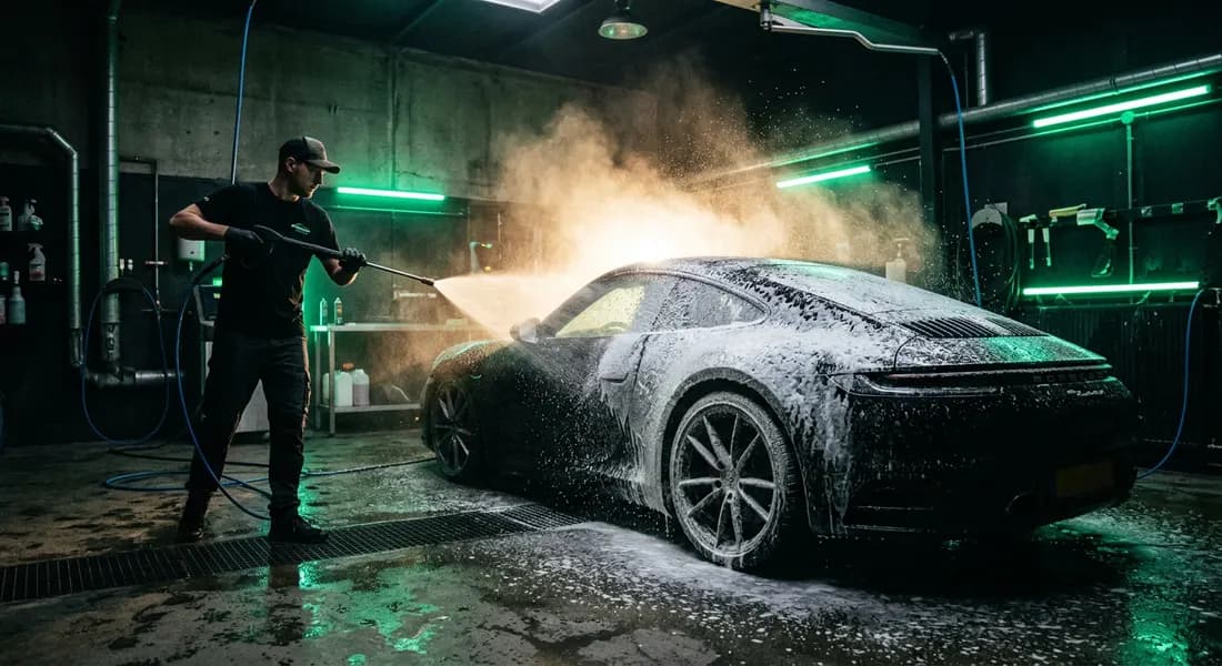 இருண்ட கழுவும் இடத்தில் நுரையால் மூடப்பட்டு பிரஷர் வாஷ் செய்யப்படும் கார்
